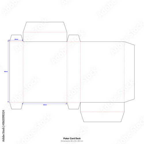 Playing Card Deck Box Template 65x20x90mm - Vector Packaging Dieline Blueprint for Poker & Tarot Games - Foldable 3D Cut Line Layout with Technical Dimensions for Print, Cricut, Mockup & Struct Design