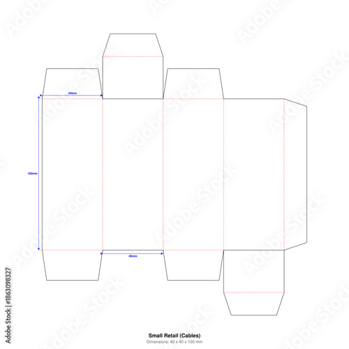 Small Retail Product Box Template 40x40x100mm - Vector Packaging Dieline Blueprint for Cable & USB Gadgets - Foldable 3D Cut Line Layout with Technical Dimensions for Print, Cricut, Mockup & Design