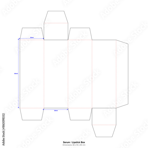 Cosmetic Serum Box Template 30x30x85mm - Vector Packaging Dieline Blueprint for Lipstick & Beauty Bottle - Foldable 3D Cut Line Layout with Technical Dimensions for Print, Cricut, Mockup & Design