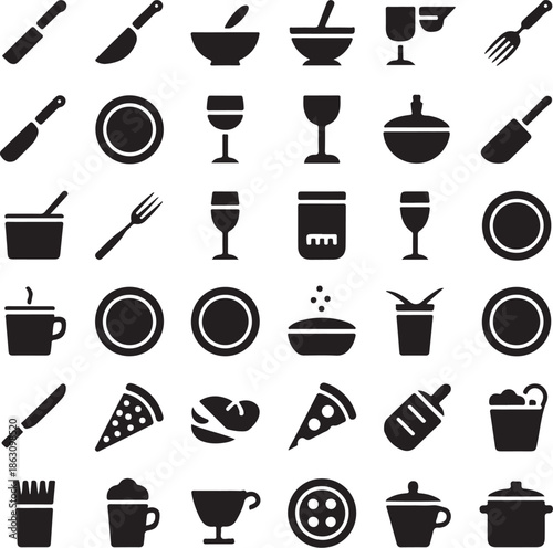 A collection of black kitchen utensil and dish icons on a white background