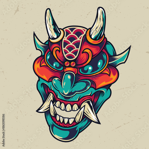 Colorful Demon Mask Illustration in Japanese Oni Style
Japanese Oni Demon Mask Tattoo Style Illustration
Colorful Evil Demon Face Mask Vector Illustration
Traditional Oni Mask with Horns Illustration