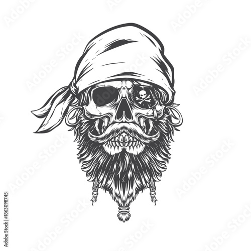 Pirate Skull with Beard Illustration in Black and White
Bearded Pirate Skull Tattoo Style Illustration
Skull Pirate Head with Bandana Vector Illustration
Monochrome Pirate Skull with BeardIllustration