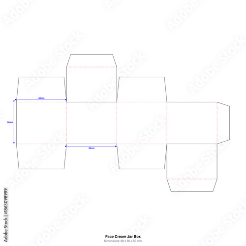 Face Cream Jar Box Template 60x60x50mm - Vector Packaging Dieline Blueprint for Moisturizer & Cosmetic Pot - Foldable 3D Cut Line Layout with Technical Dimensions for Print, Cricut, Mockup & Design