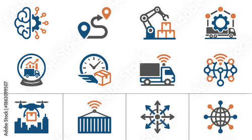 Logistics and delivery icons transportation technology and supply chain elements