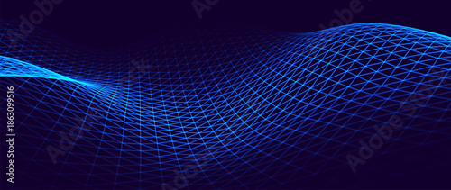 Big Data Flow With Glowing Particle Waves On Dark Background. Abstract AI Neural Network And Digital Communication Concept. Futuristic Tech Design. Vector Illustration.