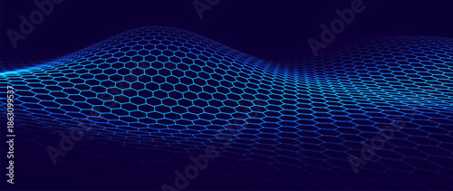 Hexagon Mesh Grid Waves on Dark Background. Tech Science or AI Innovation Banner Backdrop. Nanotech Abstract Digital Shield Surface or Landscape. Vector Illustration.
