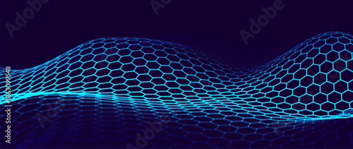 Hexagon Mesh Grid Waves on Dark Background. Tech Science or AI Innovation Banner Backdrop. Nanotech Abstract Digital Shield Surface or Landscape. Vector Illustration.
