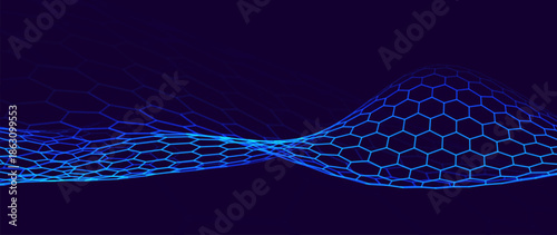Hexagon Mesh Grid Waves on Dark Background. Tech Science or AI Innovation Banner Backdrop. Nanotech Abstract Digital Shield Surface or Landscape. Vector Illustration.
