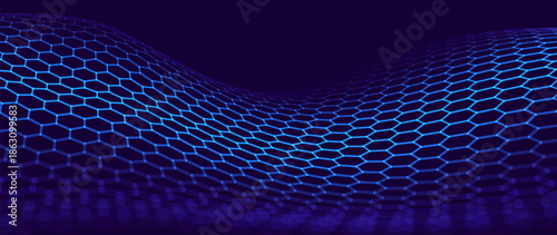 Hexagon Mesh Grid Waves on Dark Background. Tech Science or AI Innovation Banner Backdrop. Nanotech Abstract Digital Shield Surface or Landscape. Vector Illustration.
