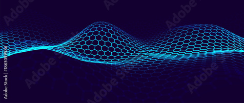 Hexagon Mesh Grid Waves on Dark Background. Tech Science or AI Innovation Banner Backdrop. Nanotech Abstract Digital Shield Surface or Landscape. Vector Illustration.
