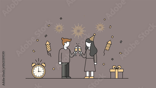 Illustration of a man and woman celebrating with champagne and party hats amidst confetti and gifts on a gray background.