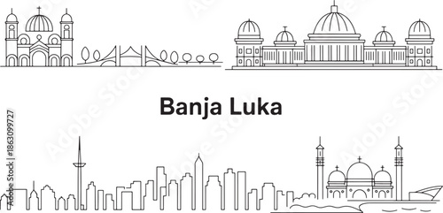 Banja Luka city skyline with modern skyscrapers and notable religious structures vector