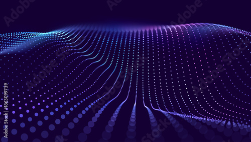 Big Data Flow With Glowing Particle Waves On Dark Background. Abstract AI Neural Network And Digital Communication Concept. Futuristic Tech Design. Vector Illustration.