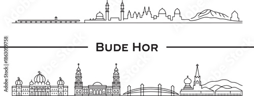 Bude Hor skyline featuring historical buildings and natural mountain scenery vector art