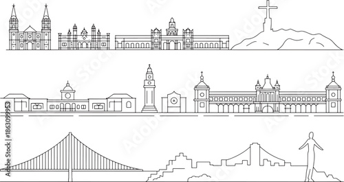 Global city landmarks in detailed line drawings for travel and architectural inspiration