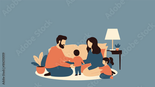 Illustration of a family with two children and a dog sitting on a rug in a cozy living room with warm tones.
