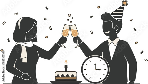 Silhouette of a man and woman celebrating with champagne glasses and a birthday cake at midnight.