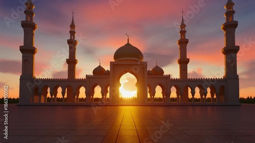 Mosque in peaceful nature at sunrise