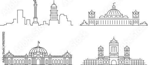 Outline cityscape landmarks silhouettes representing various urban architectural designs and monuments collection