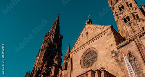 Low-angle view of Freiburg Cathedral (Muenster) in Freiburg, Germany