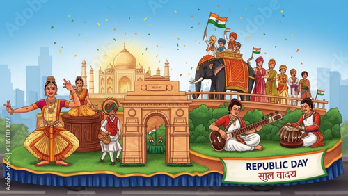 Vibrant indian republic day celebration scene with traditional dancers musicians and elephant procession in front of iconic landmarks with cultural