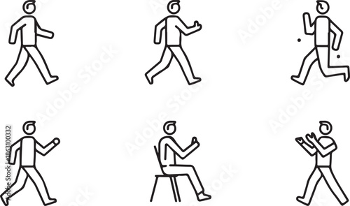 a collection of simple black and white line drawings depicting various human poses including walking running and sitting high quality