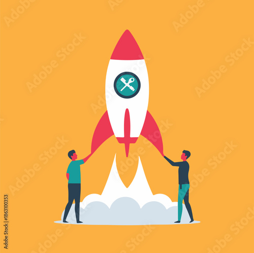 Two people are collaboratively launching a red and white rocket ship with a blue flame trail against a vibrant orange