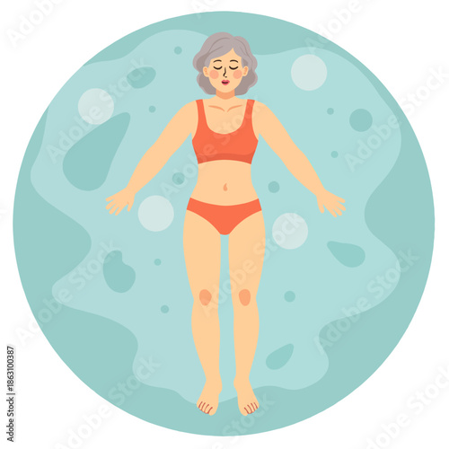 Elderly woman floating in water, wearing swimwear and relaxed expression. Elderly set  