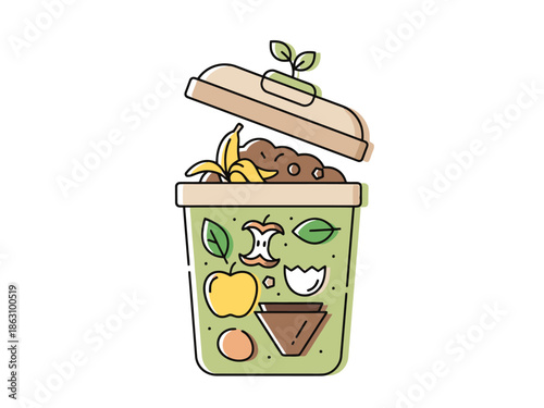 Composting Bin Filling with Organic Waste and Sprouts Sustainable Living Concept