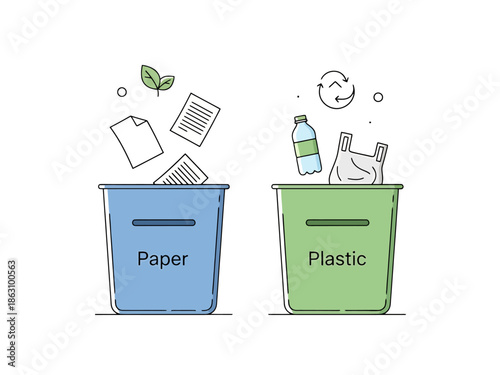 Sorting Waste for Recycling Paper and Plastic Bins with Items