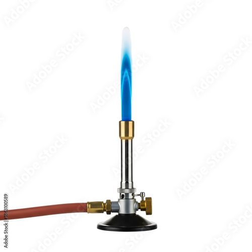 Laboratory bunsen burner with hot bright blue flame burning steadily on transparent background