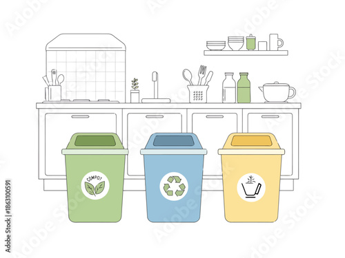 Eco friendly Waste Sorting Bins in a Modern Kitchen Setting