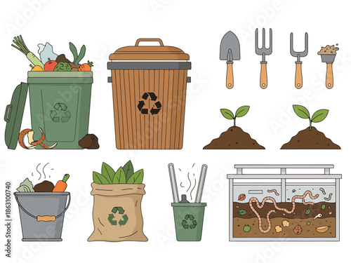 Composting Garden Supplies and Organic Waste Management Elements Set
