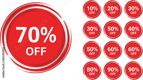 Sale discount badges set, percentage off labels collection, red promotional stickers, retail marketing design elements isolated white background