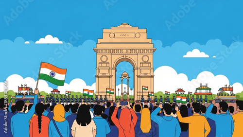 Illustration of a crowd of people celebrating in front of india gate, new delhi, with indian flags waving, blue sky and white clouds in the background, vibrant colors