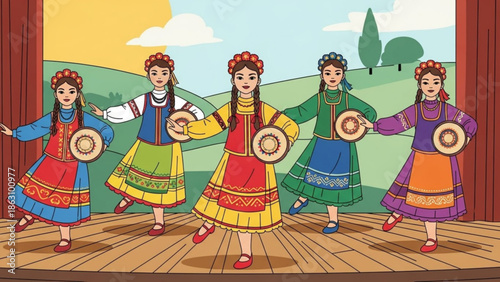 Five women in traditional folk dance costumes performing on stage with tambourines in a colorful outdoor setting with traditional dance and folk costume