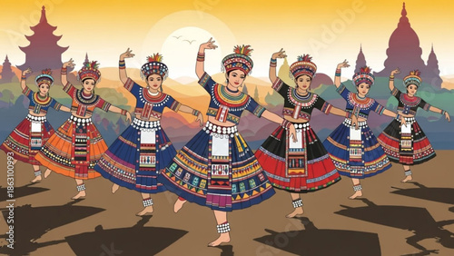 Six women in traditional dance costumes performing in front of pagodas at sunset with colorful dresses and headpieces with women in traditional dress