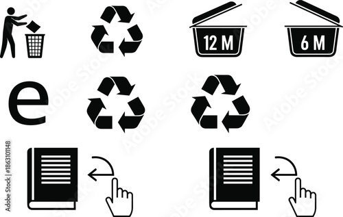 Recycling and instruction icons set, waste disposal symbols, eco friendly signage collection, black silhouette pictograms isolated on white background