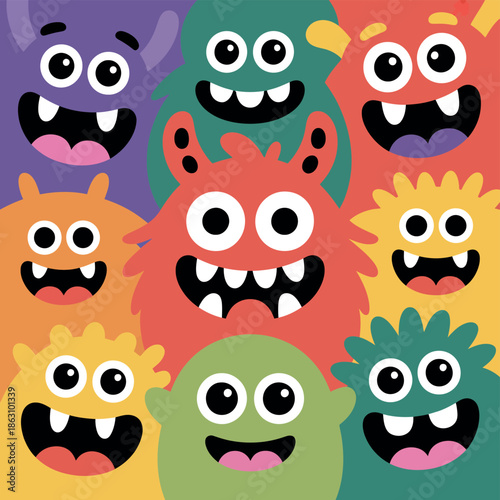 Many colorful cartoon monsters show wide happy smiles and sharp teeth.