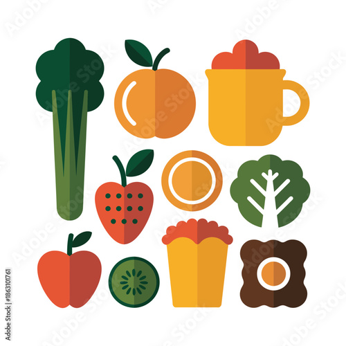 Assorted stylized fruits and snacks create a vibrant healthy eating.
