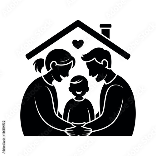 Silhouetted family unit stands protected under a sheltering roof with a.