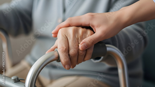 A compassionate caregiver's hand gently rests on an elderly person's arm, offering support and comfort while they use a walker