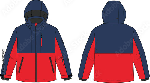 Winter hooded jacket front and back view, red and navy outerwear design, waterproof warm coat, fashion apparel illustration