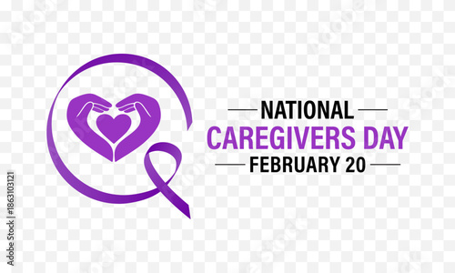 National Caregivers Day awareness design featuring a purple ribbon with a heart and hand symbol. Banner poster, flyer and background design template. Vector illustration. Eps 10.