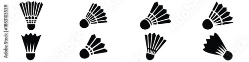 Badminton shuttlecock vector icons set in black and white silhouette styles. 