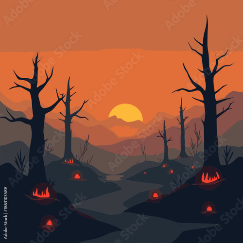 Eerie Sunset Landscape with Mysterious Glowing Objects and Dead Trees