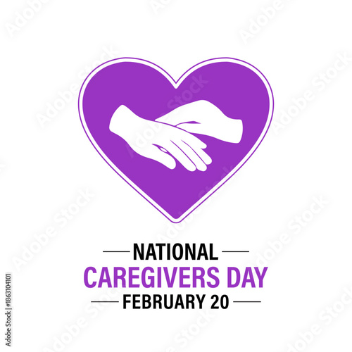 National Caregivers Day awareness design featuring a purple ribbon with a heart and hand symbol. Banner poster, flyer and background design template. Vector illustration. Eps 10.