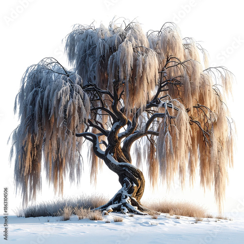 Bare Old Willow Tree in Snowy Landscape, Front View, Isolated on Transparent Background