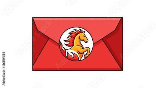Illustration of a red Angpao envelope with a Fire Horse emblem on a white background.