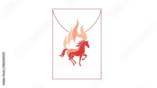 A red Fire Horse design on a white Angpao envelope with orange flames, set against a clean background with a thin red outline, conveying a festive Chinese New Year mood.